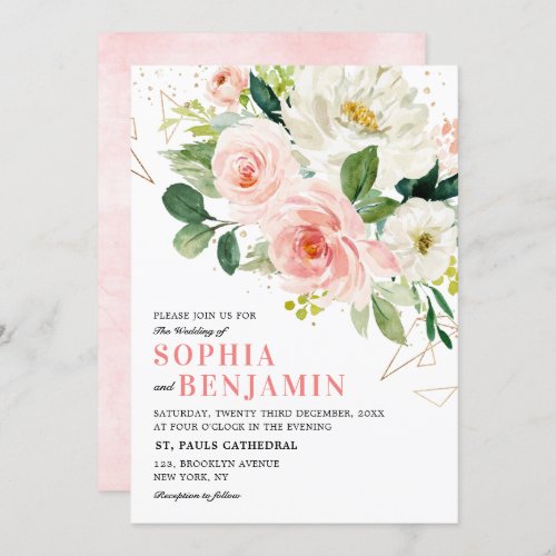 Blush Pink Florals Modern Gold Geometric Wedding Invitation