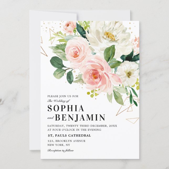 Blush Pink Florals Modern Gold Geometric Wedding Invitation (Front)