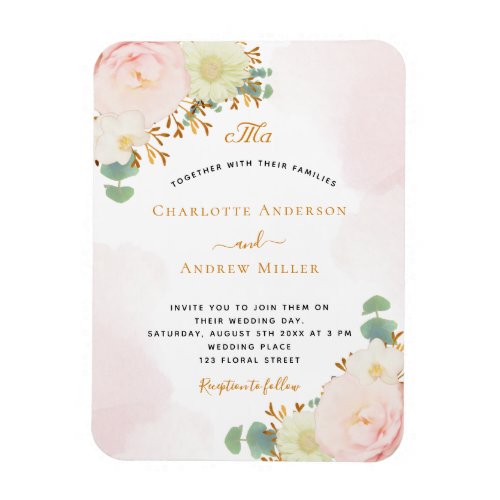 Blush pink florals monogram wedding magnet
