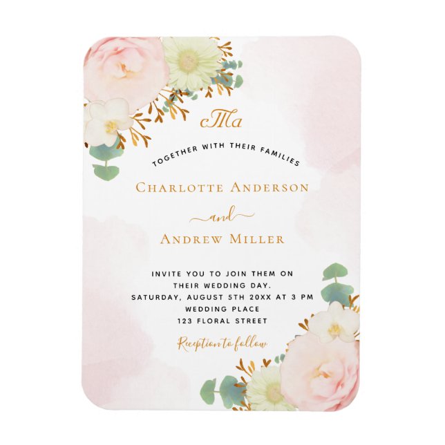 Blush pink florals monogram wedding magnet (Vertical)