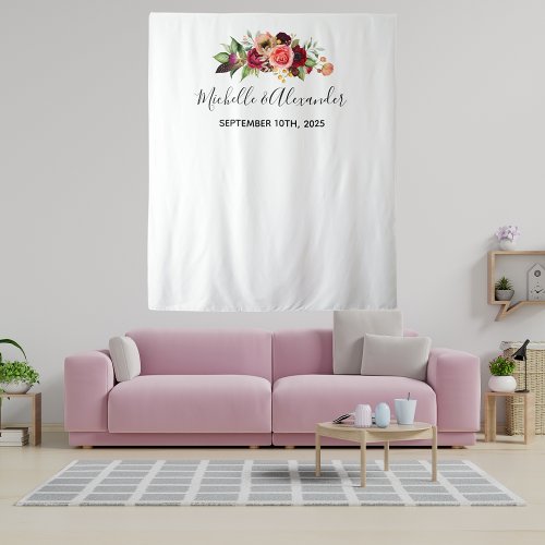Blush pink florals names white wedding tapestry