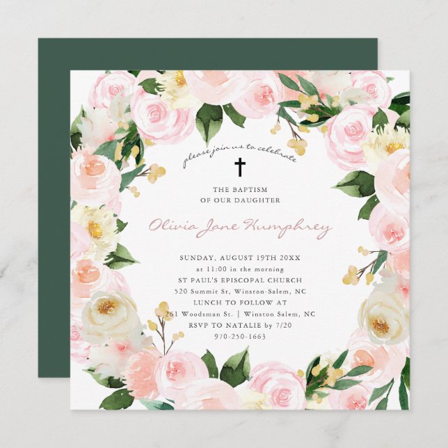 Blush Pink Florals | Spring Summer Floral Baptism Invitation (Front/Back)