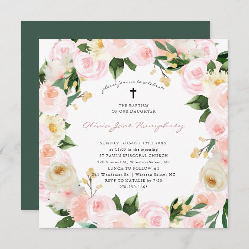 Blush Pink Florals  Spring Summer Floral Baptism Invitation