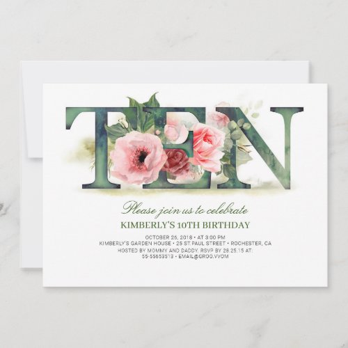 Blush Pink Florals TEN  10th Birthday Party Invitation