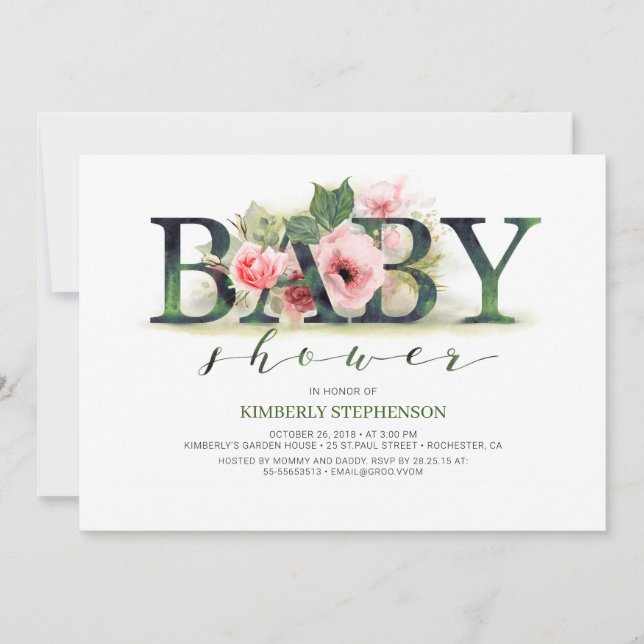Blush Pink Florals Typography Baby Shower Invitation (Front)