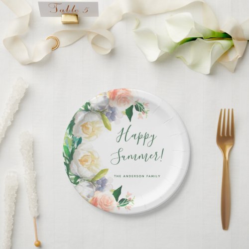 Blush pink florals white happy summer paper plates