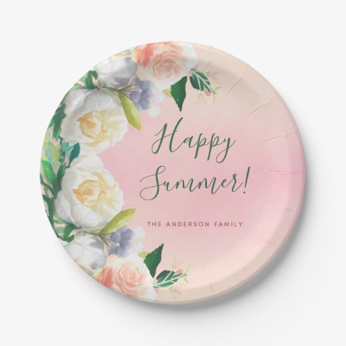 Blush pink florals white summer party paper plates