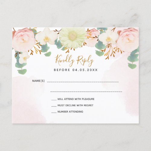 Blush pink florals white wedding RSVP Postcard