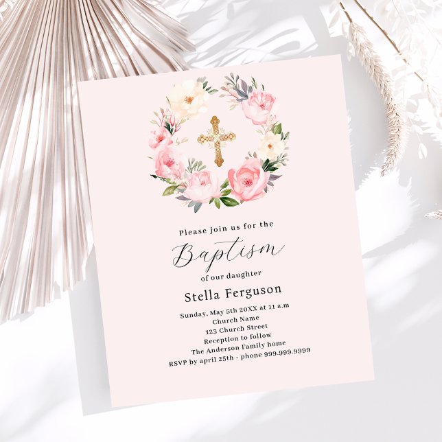Blush pink florals wreath cross baptism invitation (Creator Uploaded)