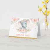 Blush Pink Flower Baby Elephant Girl Thank You Card (Yellow Flower)