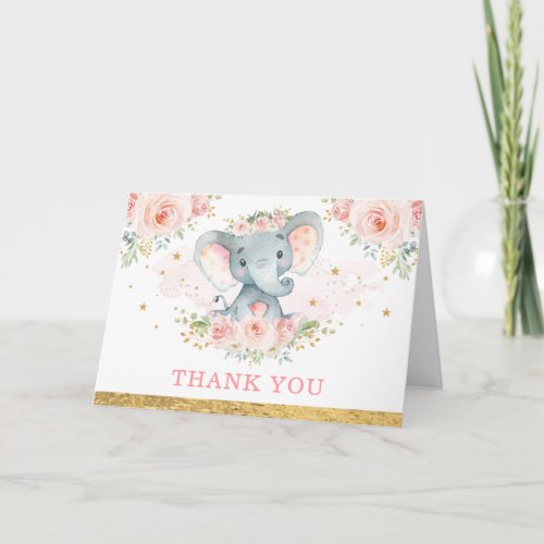 Blush Pink Flower Baby Elephant Girl Thank You Card