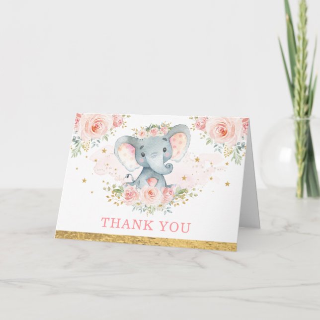 Blush Pink Flower Baby Elephant Girl Thank You Card (Front)