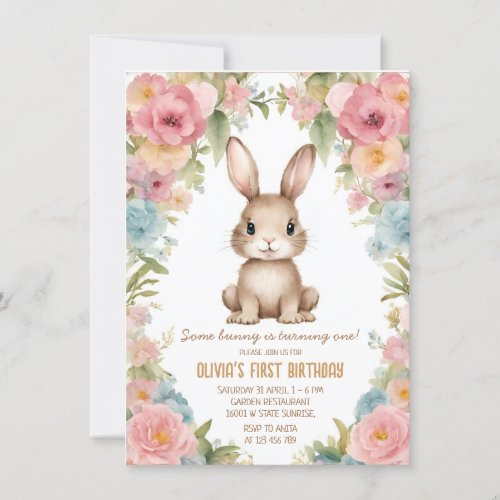 Blush Pink Flower Garden Bunny Rabbit Birthday Invitation