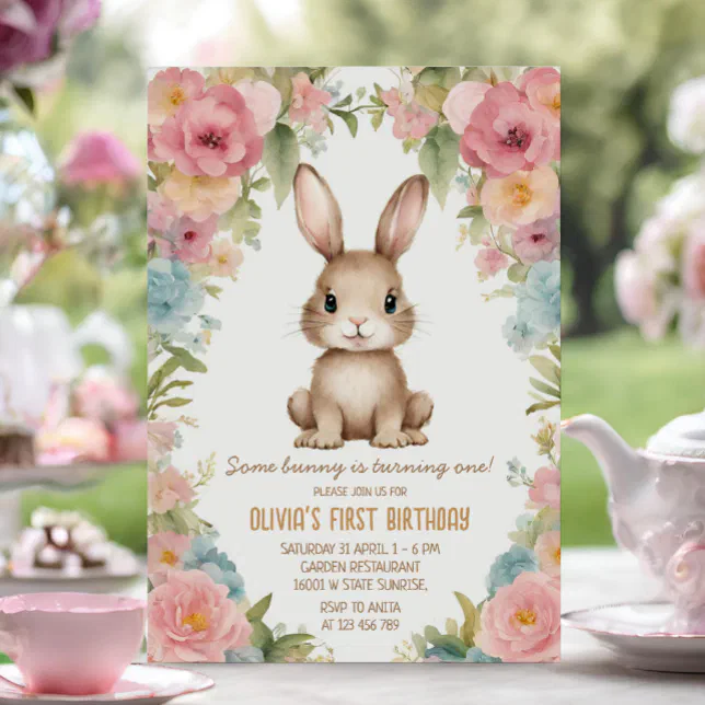 Blush Pink Flower Garden Bunny Rabbit Birthday Invitation | Zazzle