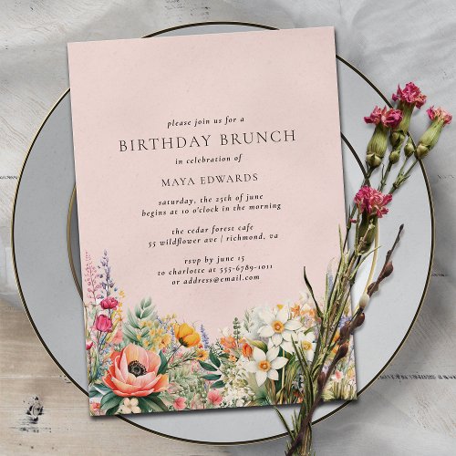 Blush Pink Flower Garden  Girly Birthday Brunch Invitation