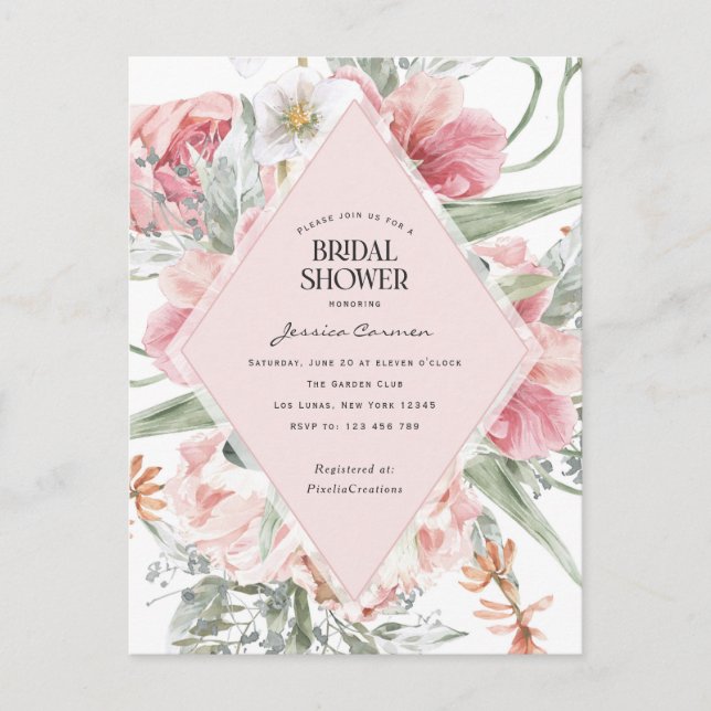 blush pink flower garden themed, pretty modern  invitation postcard (Front)