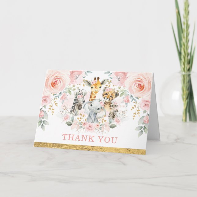 Blush Pink Flower Jungle Wild Animals Thank You Card (Front)