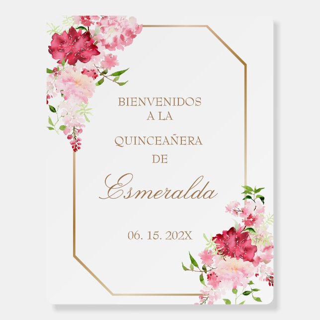 Blush pink flower quinceañera welcome sign (Front)