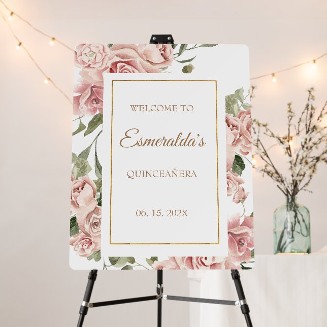 Blush pink flower quinceañera welcome sign (In Situ (Stand))