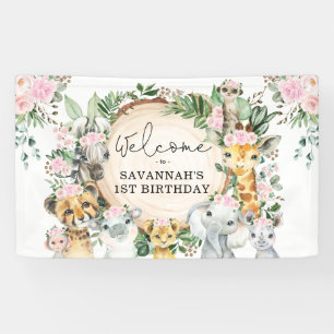 Blush Pink Flower Safari Animals Birthday Welcome Banner