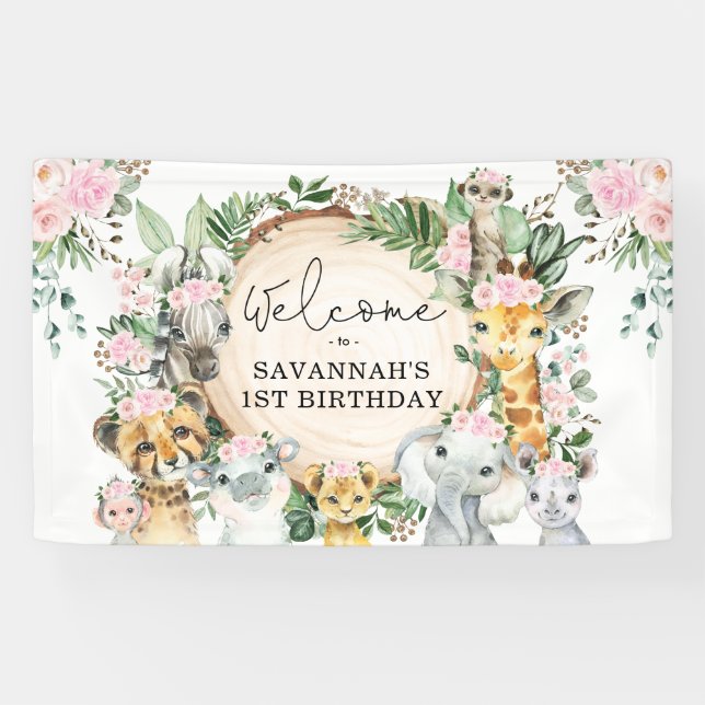 Blush Pink Flower Safari Animals Birthday Welcome Banner (Horizontal)