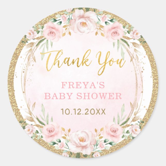 Blush Pink Flower Wreath Baby Girl Shower Favor Classic Round Sticker (Front)