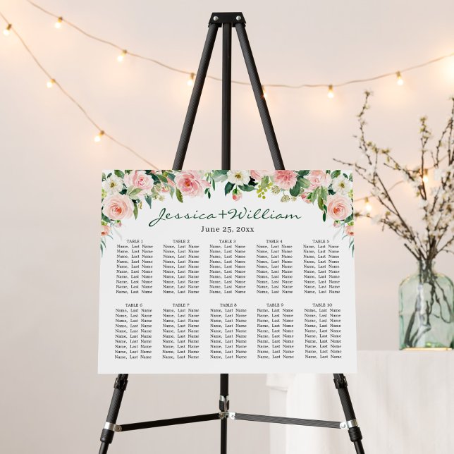 Blush Pink Flowers 10 Tables Wedding SEATING CHART Foam Board (Creator Uploaded)