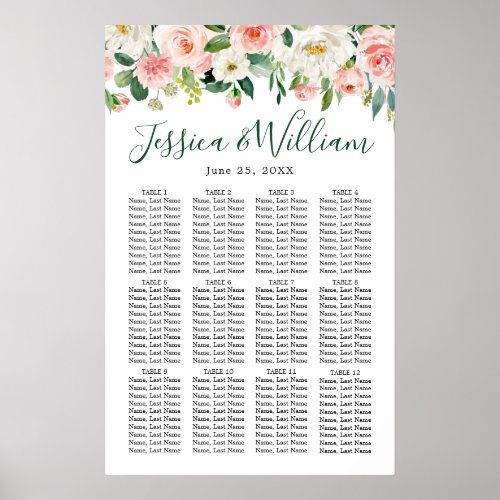 Blush Pink Flowers 12 Tables Wedding SEATING CHART