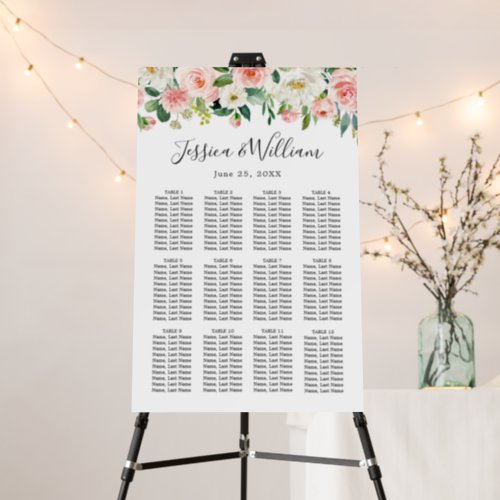 Blush Pink Flowers 12 Tables Wedding SEATING CHART Foam Board