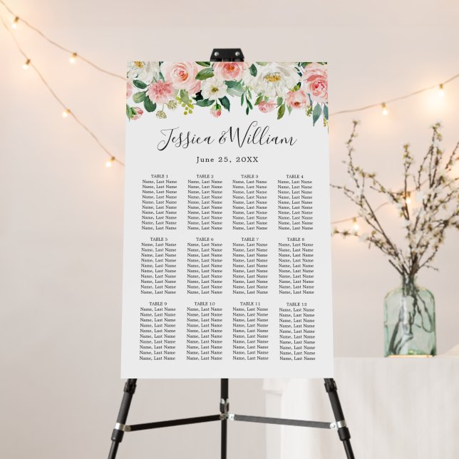 Blush Pink Flowers 12 Tables Wedding SEATING CHART Foam Board (In Situ (Stand))