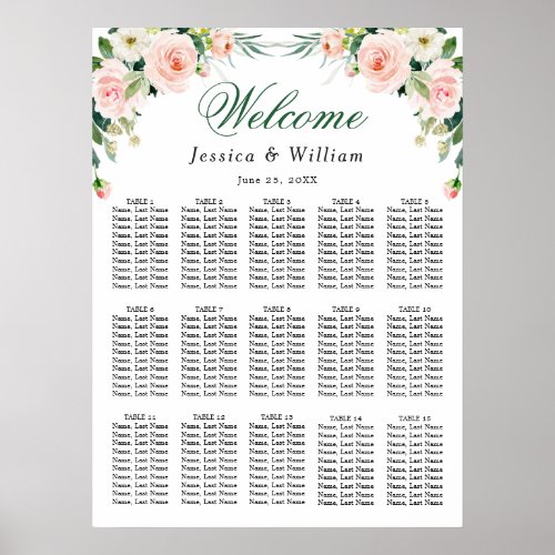 Blush Pink Flowers 15 Tables Wedding SEATING CHART