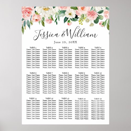 Blush Pink Flowers 15 Tables Wedding SEATING CHART