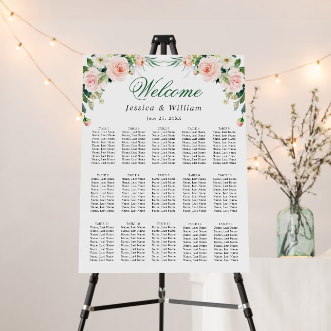 Blush Pink Flowers 15 Tables Wedding SEATING CHART Foam Board (In Situ (Stand))