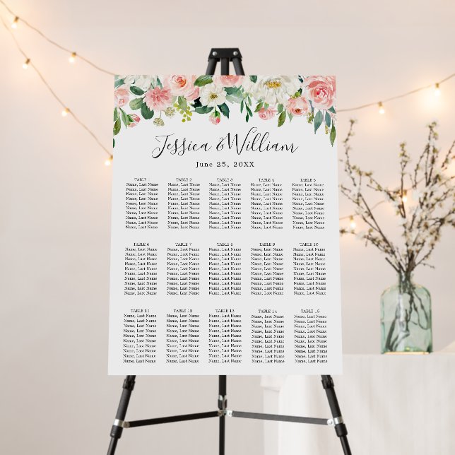 Blush Pink Flowers 15 Tables Wedding SEATING CHART Foam Board (In Situ (Stand))