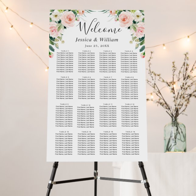 Blush Pink Flowers 16 Tables Wedding SEATING CHART Foam Board (In Situ (Stand))