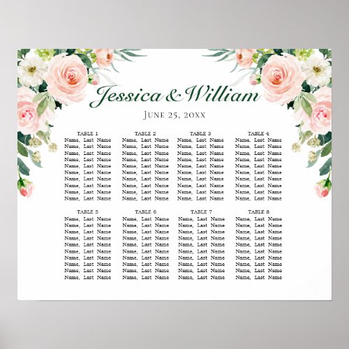 Blush Pink Flowers 8 Tables Wedding SEATING CHART