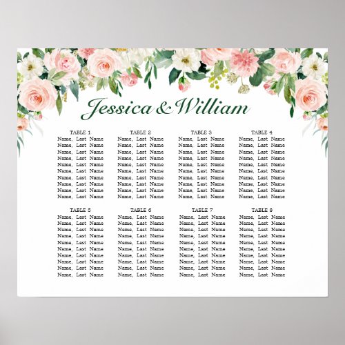 Blush Pink Flowers 8 Tables Wedding SEATING CHART