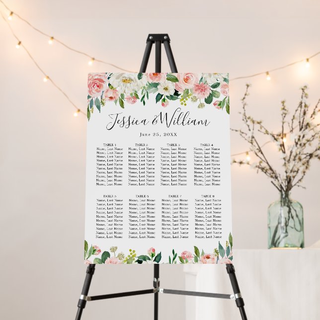 Blush Pink Flowers 8 Tables Wedding SEATING CHART Foam Board (In Situ (Stand))