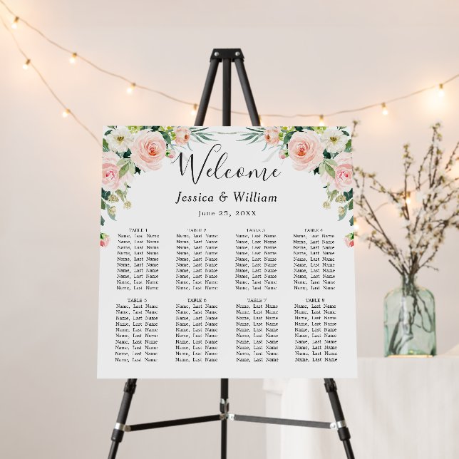 Blush Pink Flowers 8 Tables Wedding SEATING CHART Foam Board (In Situ (Stand))