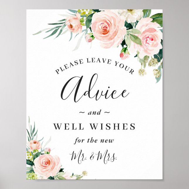 Blush Pink Flowers Advice and Well Wishes Wedding Poster (Front)