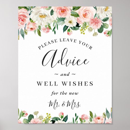Blush Pink Flowers Advice and Well Wishes Wedding Poster