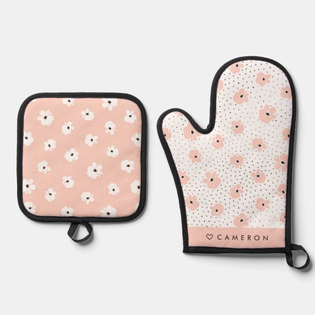 Blush Pink Flowers and Dots Pattern Personalized Oven Mitt & Pot Holder Set (Front)