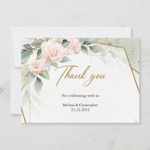 Blush pink flowers and eucalyptus and gold frame thank you card