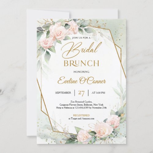 Blush pink flowers and eucalyptus bridal brunch invitation