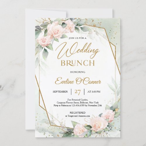Blush pink flowers and eucalyptus wedding brunch invitation