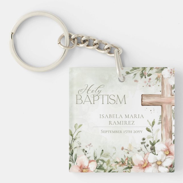 Blush pink flowers baptism green keepsake keychain (Front)