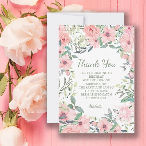 Blush Pink Flowers Birthday  Thank You Card