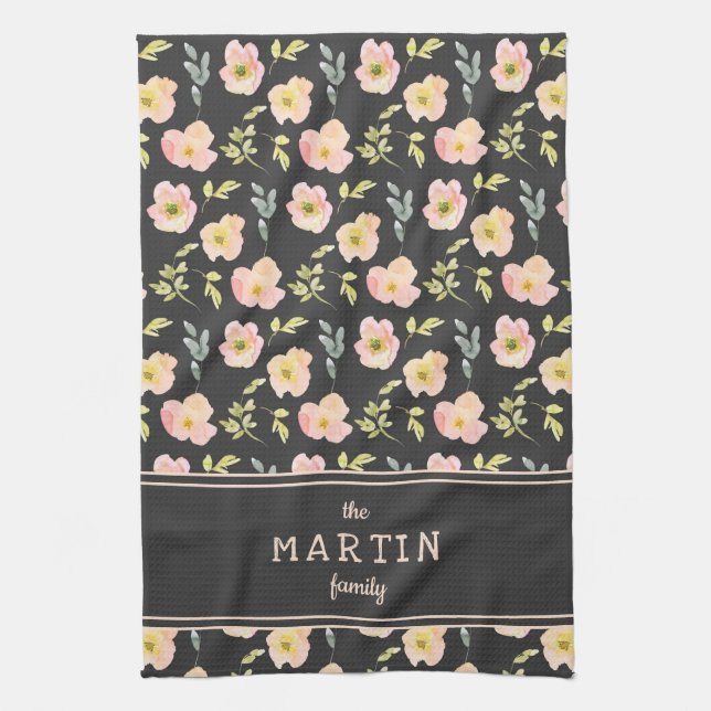 Blush Pink Flowers Black Custom Family Name Kitchen Towel (Vertical)