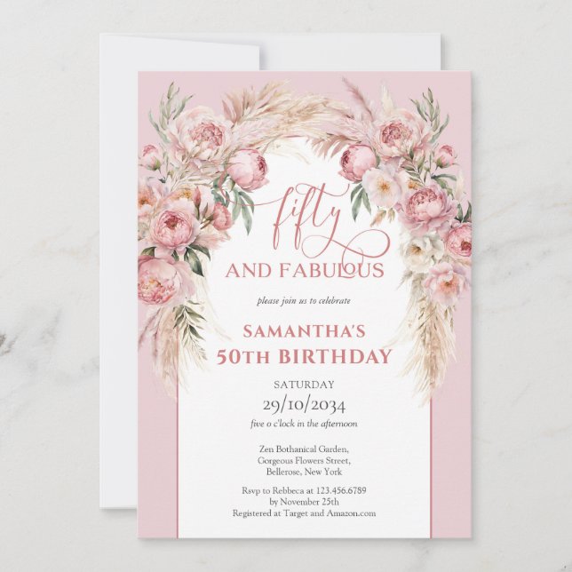 Blush pink flowers boho arch pampas 50th birthday invitation (Front)