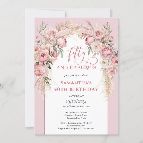 Blush pink flowers boho arch pampas 50th birthday invitation